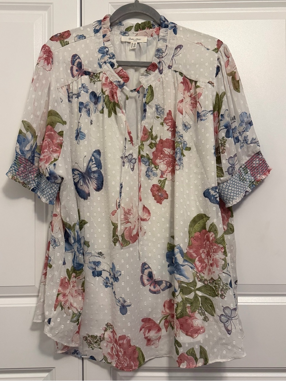 Haver & Blair White Floral & Butterfly Tie-Neck Blouse with Pink and Blue Blooms
